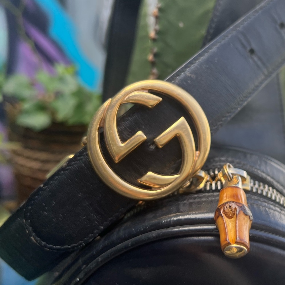 Gucci Black Leather Belt with Gold Double G Buckle and Bamboo Charm